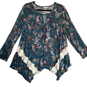 Tru Self Floral Tunic Top Plus Size 1X Teal Print Crochet Trim Boho Casual